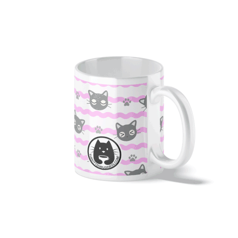 rendu 3d mug blanc avec têtes de chats gris et pattes