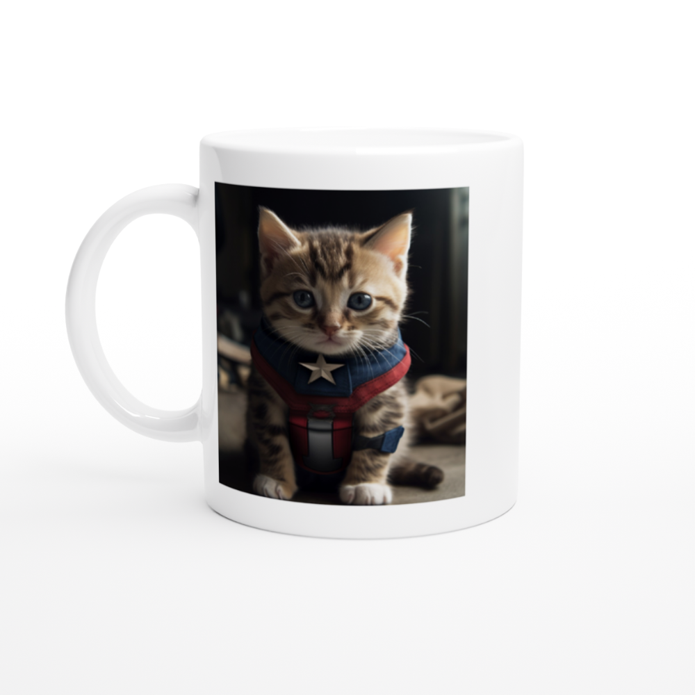 mug blanc avec image de chat déguisé en Captain America Marvel