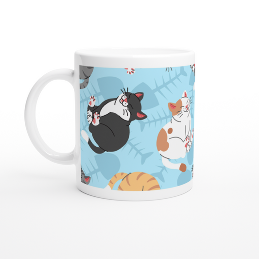mug blanc motif gros chats et poissons bleu