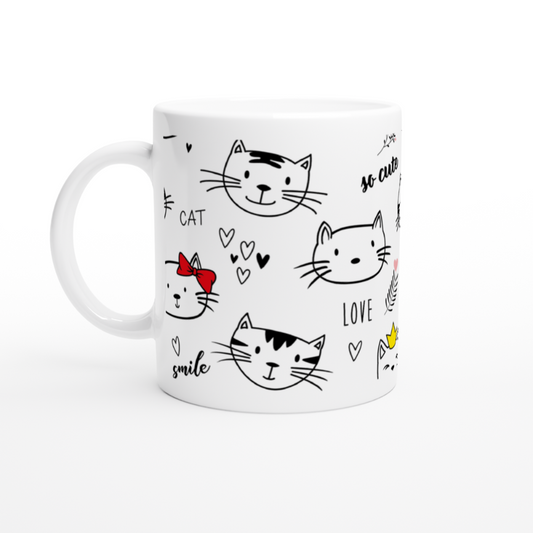 dessins têtes de chats sur mug blanc love smile